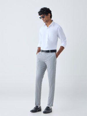WES Formals Grey Checkered Slim-Fit Mid-Rise Trousers