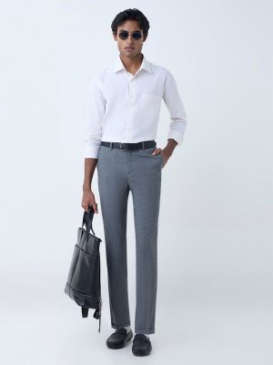 WES Formals Dark Grey Checks Slim-Fit Mid-Rise Trousers