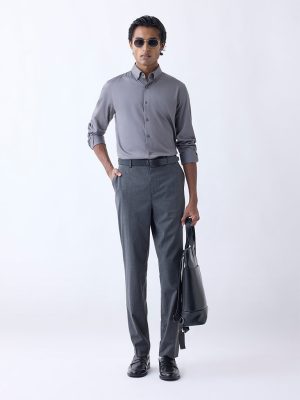 WES Formals Charcoal Slim-Fit Mid-Rise Trousers