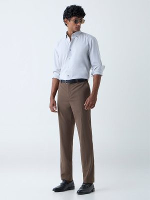 WES Formals Dark Brown Slim-Fit Mid-Rise Trousers
