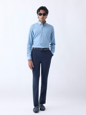 WES Formals Navy Slim-Fit Mid-Rise Trousers