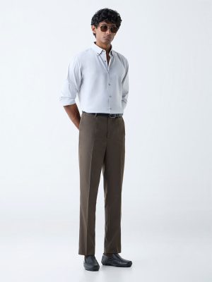 WES Formals Dark Brown Slim-Fit Mid-Rise Trousers