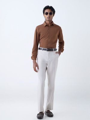 WES Formals Beige Solid Relaxed-Fit Mid-Rise Trousers