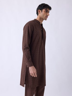 Mens Ethnicwear Brown Embroidered Relaxed-Fit Cotton Kurta