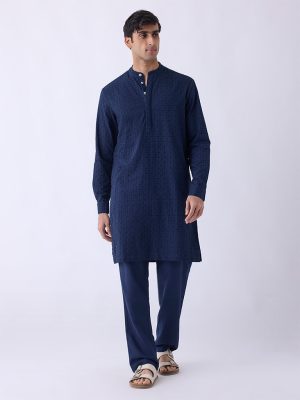 Mens Ethnicwear Navy Embroidered Relaxed-Fit Cotton Kurta