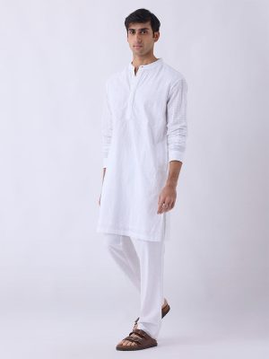 Mens Ethnicwear White Embroidered Relaxed-Fit Cotton Kurta