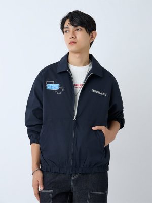 Nuon Navy Text Detailed Relaxed-Fit Jacket