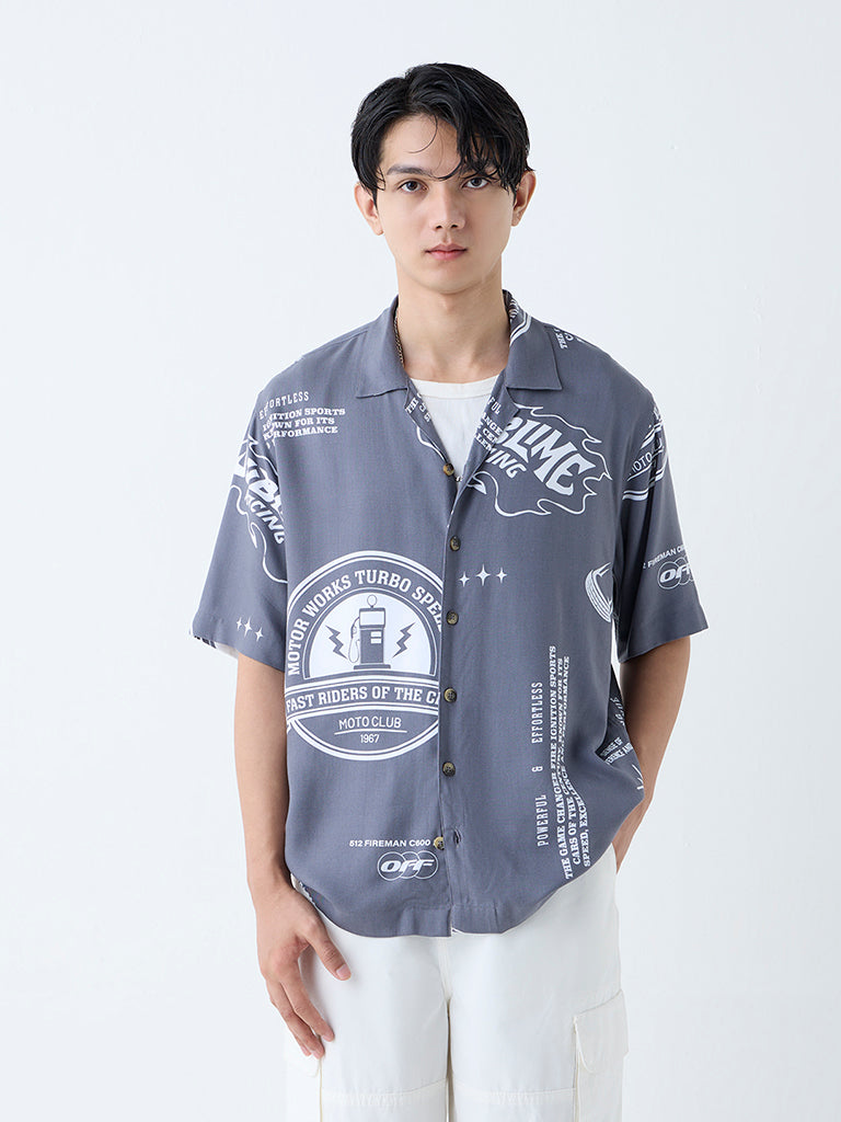 Nuon Grey Typographic Relaxed-Fit Shirt