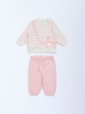 HOP Baby Pink Striped Cotton T-Shirt and Pants Set