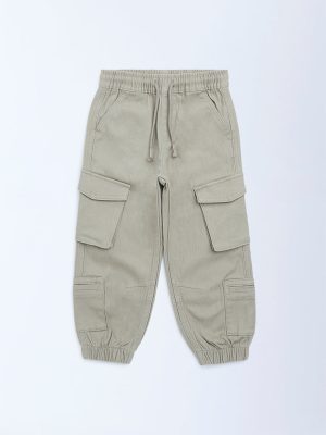 HOP Kids Taupe Mid-Rise Cotton-Blend Cargo Joggers