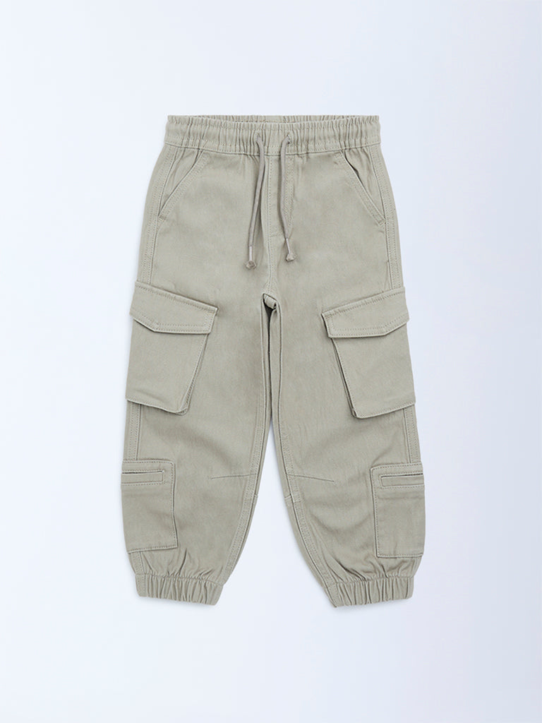 HOP Kids Taupe Mid-Rise Cotton-Blend Cargo Joggers