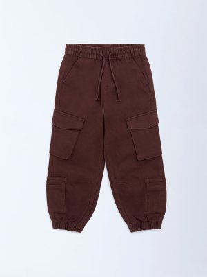 HOP Kids Dark Brown Mid-Rise Cotton-Blend Cargo Joggers