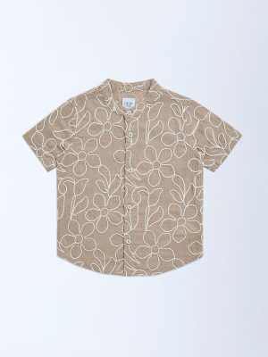 HOP Kids Brown Floral Embroidered Cotton Shirt