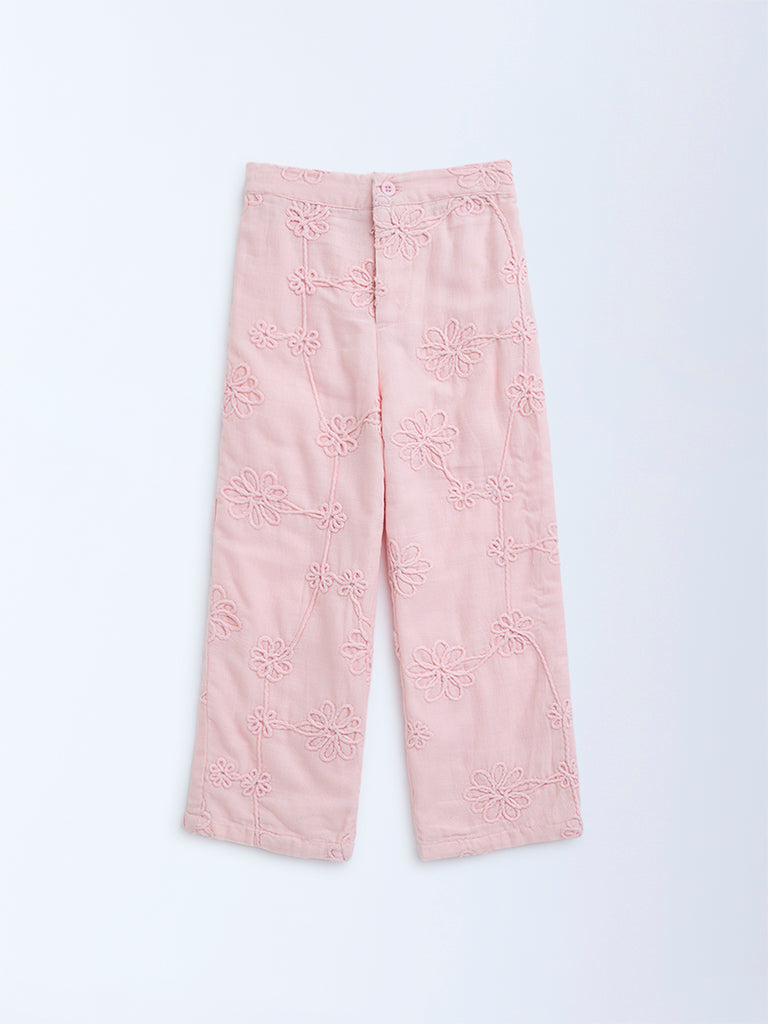 HOP Kids Pink Floral Embroidered High-Rise Cotton Trousers - Image 4