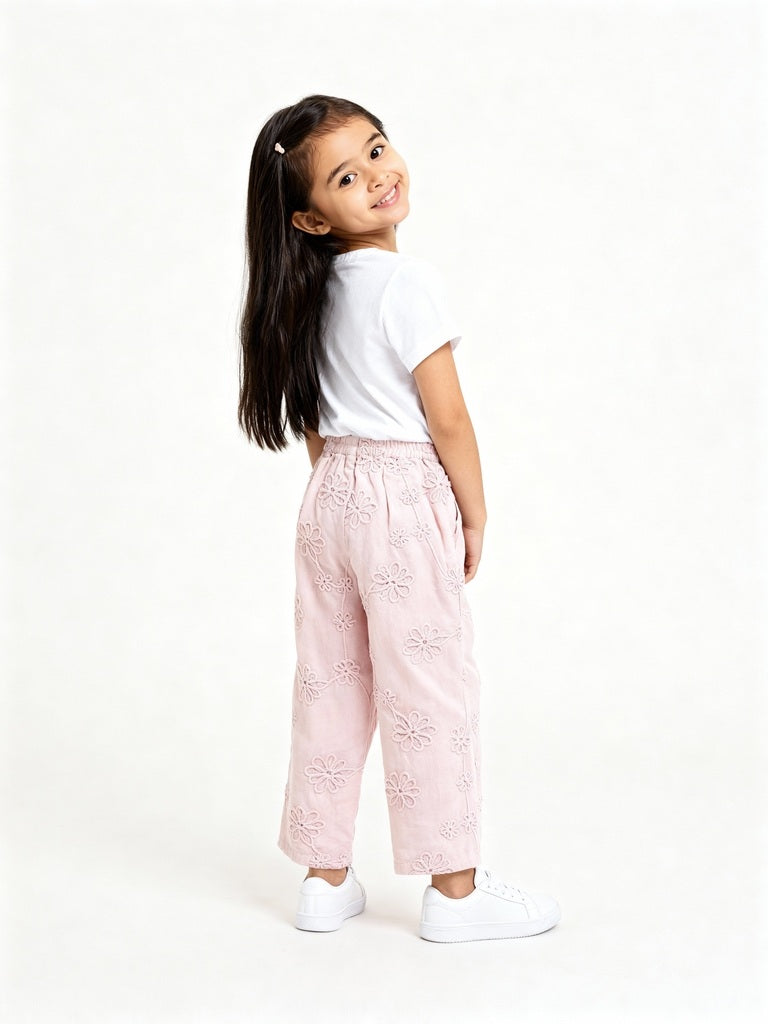 HOP Kids Pink Floral Embroidered High-Rise Cotton Trousers - Image 2