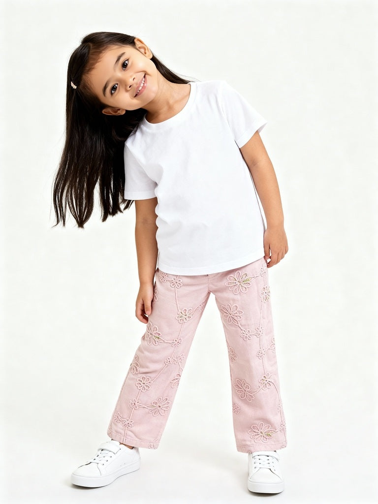 HOP Kids Pink Floral Embroidered High-Rise Cotton Trousers