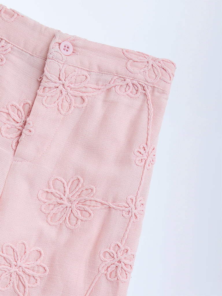 HOP Kids Pink Floral Embroidered High-Rise Cotton Trousers - Image 5