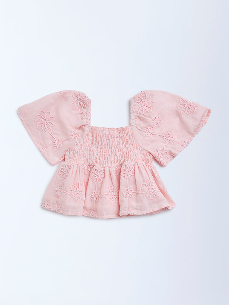 HOP Kids Pink Floral Embroidered Smocked Cotton Top - Image 3