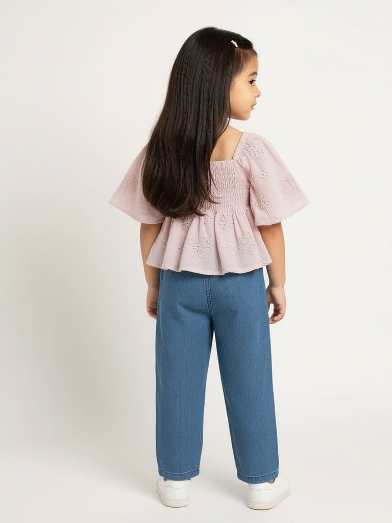 HOP Kids Pink Floral Embroidered Smocked Cotton Top - Image 2