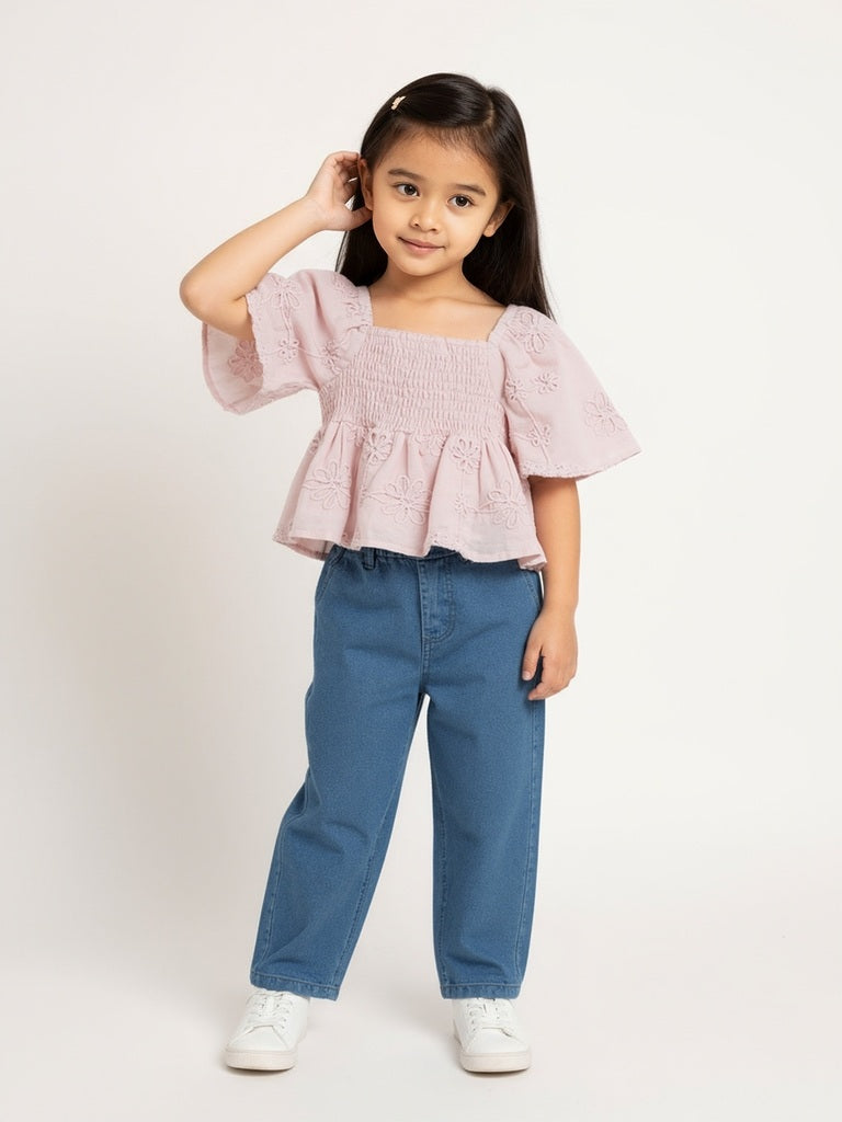 HOP Kids Pink Floral Embroidered Smocked Cotton Top