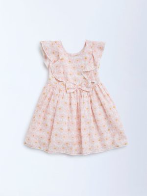 HOP Kids Kids Peach Floral Design A-Line Cotton-Blend Dress