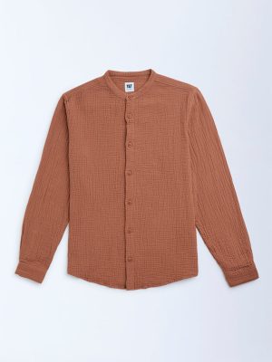 Y&F Kids Rust Crinkle-Textured Cotton Shirt