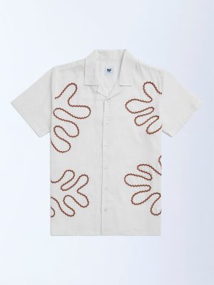 Y&F Kids Off-White Embroidered Resort-Fit Cotton Shirt