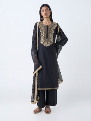 Vark Black Zari Embroidered A-Line Cotton-Blend Ethnic Set