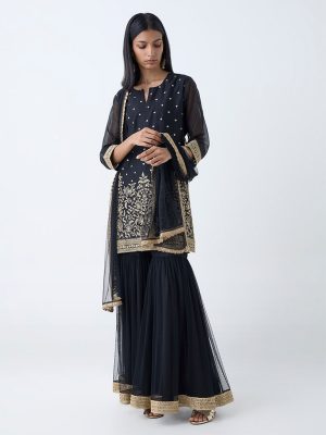 Vark Black Floral Embroidered Straight Cotton-Blend Ethnic Set
