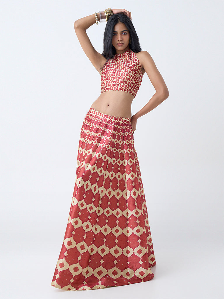Vark Red Printed Maxi Skirt
