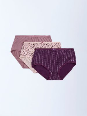 Wunderlove Violet Printed Cotton-Blend Briefs - Pack of 3