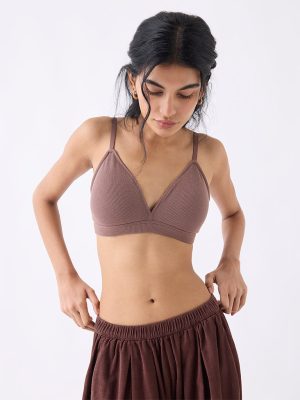 Superstar Brown Waffle-Textured Padded Cotton-Blend Bra