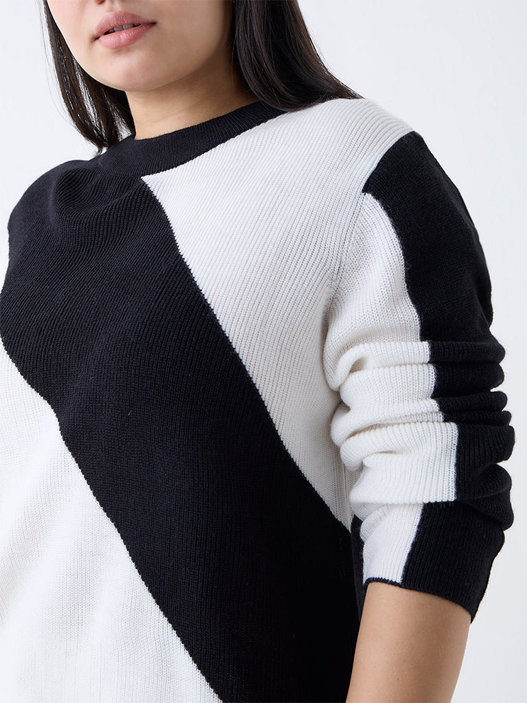 Gia Black Colour-Blocked Knit-Textured Sweater - Image 3
