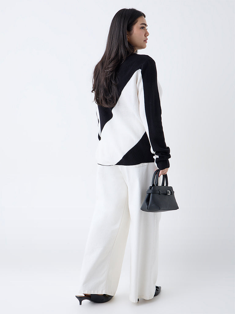 Gia Black Colour-Blocked Knit-Textured Sweater - Image 4