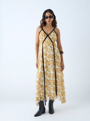 LOV Yellow Floral Detailed A-Line Dress