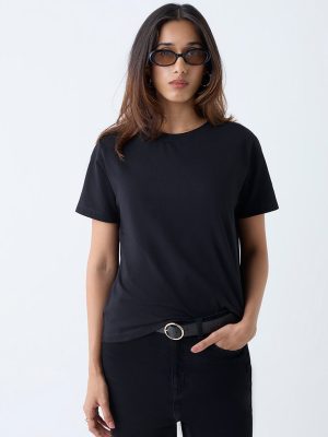 LOV Black Solid Cotton T-Shirt