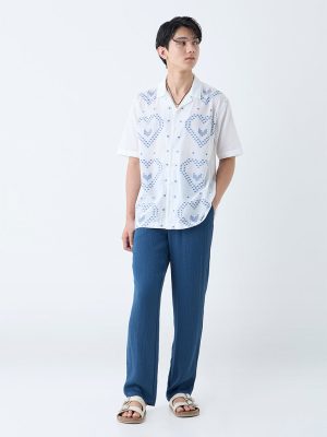 ETA Teal Crinkle-Textured Relaxed-Fit Mid-Rise Cotton-Blend Pants