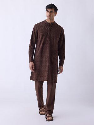 Mens Ethnicwear Brown Solid Relaxed-Fit Mid-Rise Pants