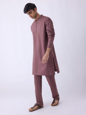 Mens Ethnicwear Mauve Solid Relaxed-Fit Mid-Rise Pants