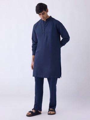 Mens Ethnicwear Navy Solid Relaxed-Fit Mid-Rise Pants