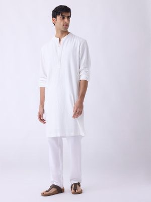 Mens Ethnicwear White Solid Relaxed-Fit Mid-Rise Pants