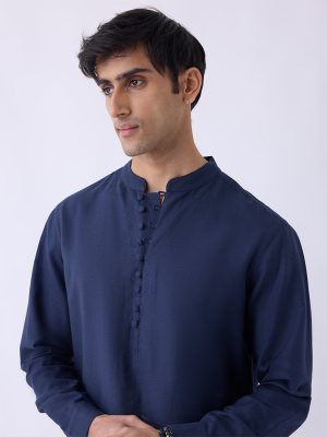Mens Ethnicwear Navy Relaxed-Fit Cotton-Blend Kurta