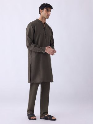 Mens Ethnicwear Olive Solid Relaxed-Fit Cotton-Blend Kurta