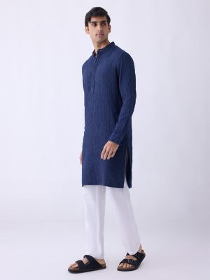 Mens Ethnicwear Indigo Striped Relaxed-Fit Cotton Kurta