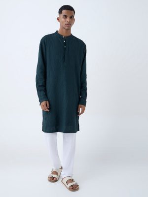 Mens Ethnicwear Green Embroidered Relaxed-Fit Kurta