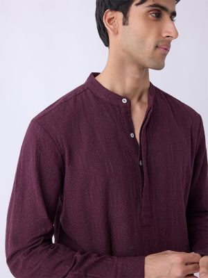 Mens Ethnicwear Wine Relaxed-Fit Cotton-Blend Kurta