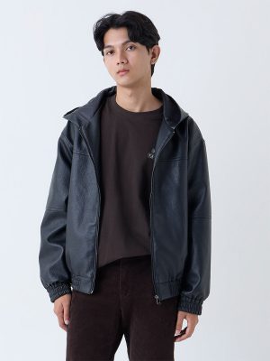 Nuon Black Relaxed-Fit Faux Leather Jacket