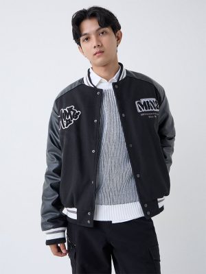 Nuon Black Text Design Relaxed-Fit Varsity Jacket