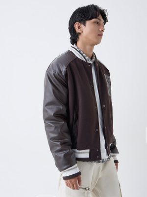 Nuon Dark Brown Typographic Relaxed-Fit Varsity Jacket