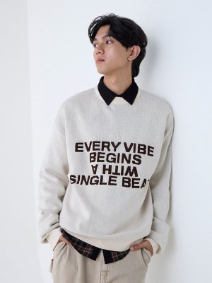 Nuon Beige Text Design Relaxed-Fit Cotton-Blend Sweater